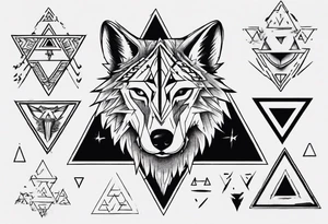 wolf head with triforce on forehead and a triangle in the background tattoo idea
