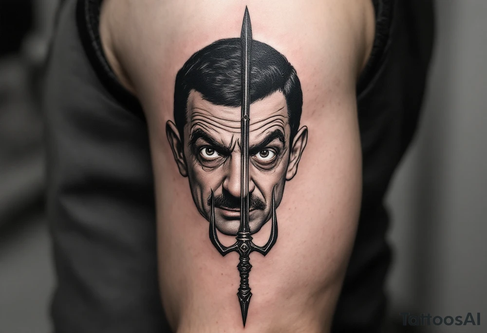 close-up mr bean behind a trident tattoo idea