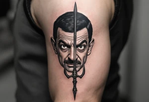 close-up mr bean behind a trident tattoo idea
