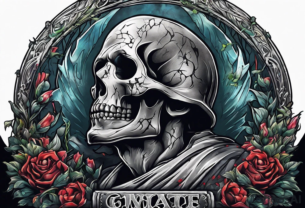 Man emerging from grave. 
MIW Reincarnate written on gravestone tattoo idea