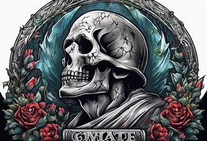 Man emerging from grave. 
MIW Reincarnate written on gravestone tattoo idea