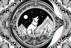 Mandala theme design with moon and wolves for forearms tattoo idea