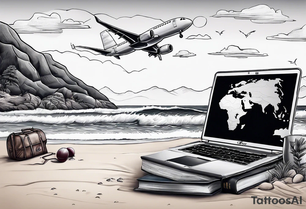 Beach with hills behind, a rugby ball, wine bottle and book on the beach, a plane in the sky and a campervan tattoo idea