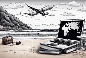 Beach with hills behind, a rugby ball, wine bottle and book on the beach, a plane in the sky and a campervan tattoo idea