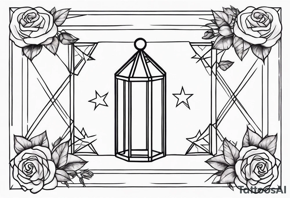 Vertically elongated tesseract with small roses and stars around it tattoo idea