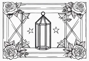 Vertically elongated tesseract with small roses and stars around it tattoo idea