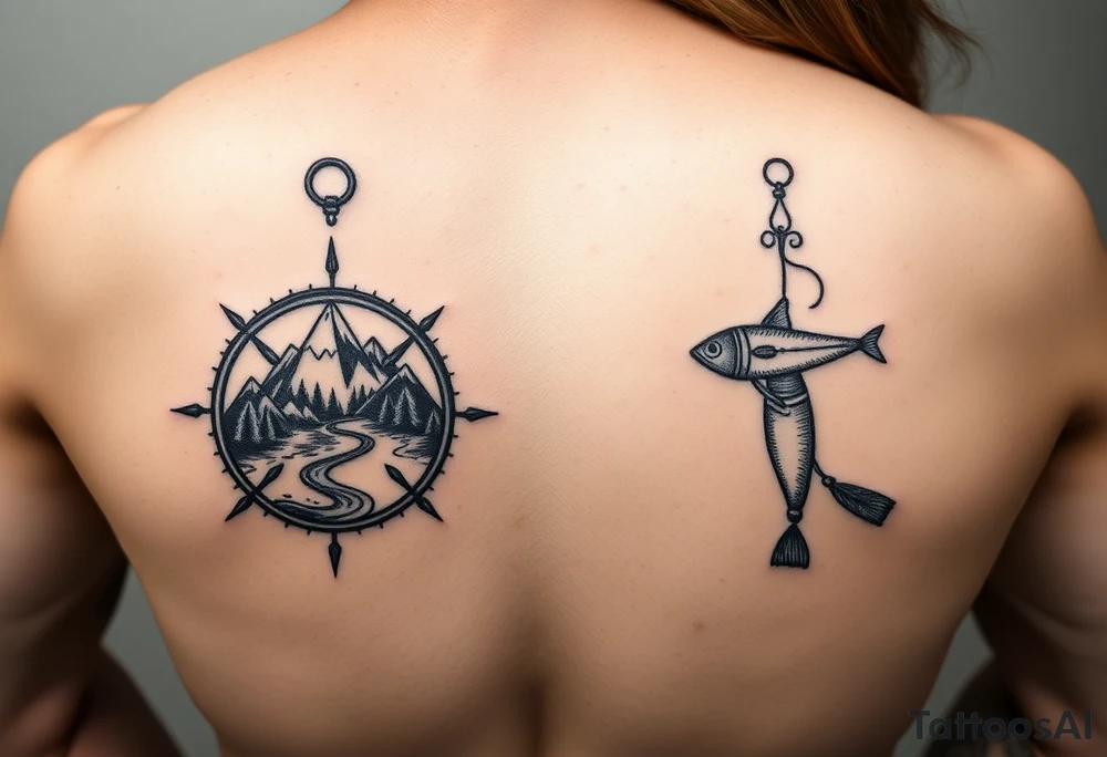 Matching compass for husband and wife. One will be a compass with a mountain, river, tent. The S of the compass replaced with a fishing lure tattoo idea