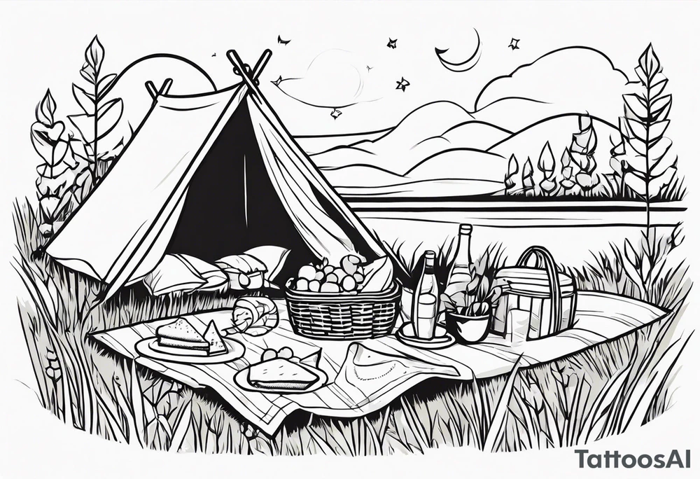 picnic scene on a meadow, with a sheckers blanket, basket, pillows and party pennants. Thin lines. tattoo idea