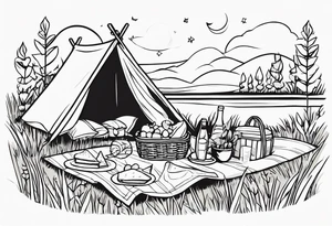 picnic scene on a meadow, with a sheckers blanket, basket, pillows and party pennants. Thin lines. tattoo idea