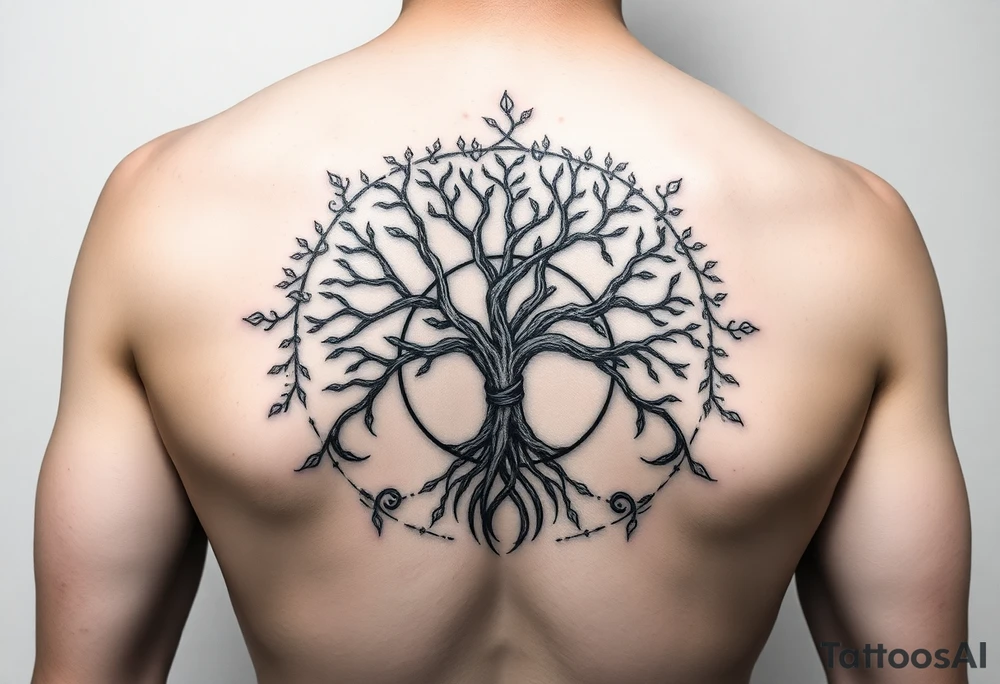 yggadrisl tree of life with circle. Jai , Phoebe, Imogen, Matilda in the circle tattoo idea