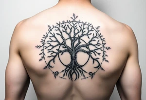 yggadrisl tree of life with circle. Jai , Phoebe, Imogen, Matilda in the circle tattoo idea