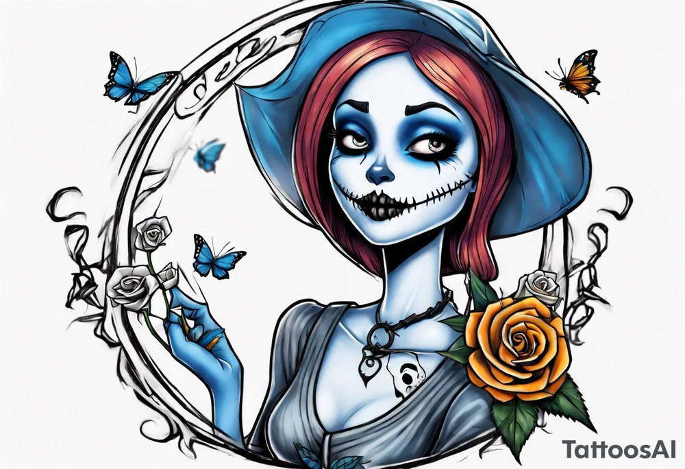 Nightmare before Christmas Sallyholding a flower. With a blue butterfly flying around her. tattoo idea