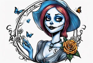 Nightmare before Christmas Sallyholding a flower. With a blue butterfly flying around her. tattoo idea