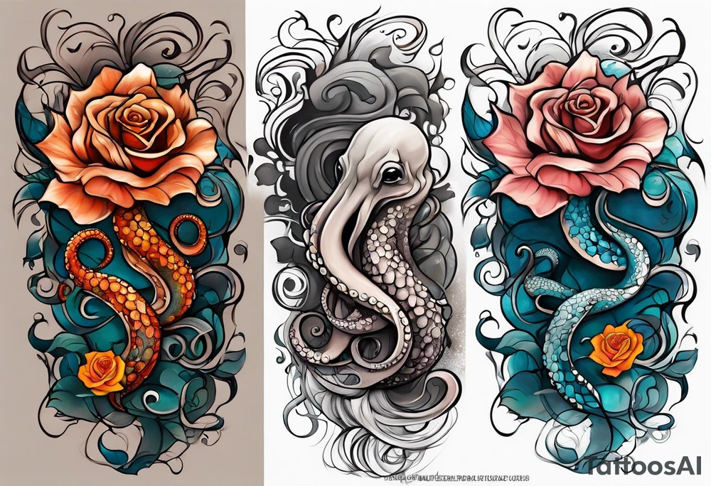 masculine abstract left thigh tattoo with a large long flowing octopus in water swirls wrapping around rocks, with a rose, in fall colors with some small leaves and fall elements tattoo idea