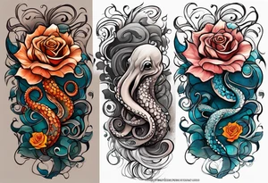masculine abstract left thigh tattoo with a large long flowing octopus in water swirls wrapping around rocks, with a rose, in fall colors with some small leaves and fall elements tattoo idea