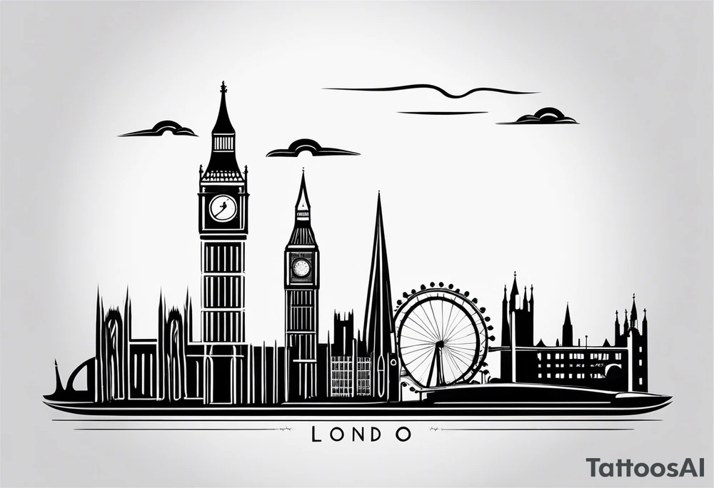 A minimalistic, abstract design capturing the architectural essence and vibe of London. Key elements of London’s skyline and structure are hinted at with clean lines, and subtle detailing includes personal touches, like a nod to Feid’s signature look (hat, glasses, mustache), integrated discreetly to honor a memorable concert experience. tattoo idea