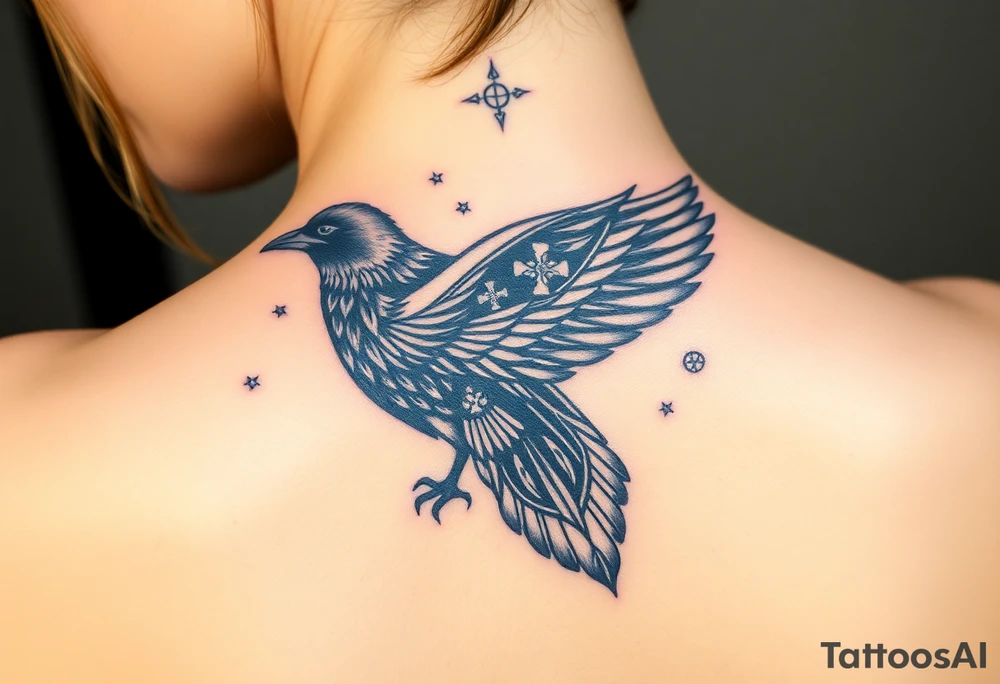Raven with starry sky background with zodiac constellations in it with runes in sky tattoo idea