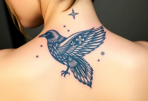 Raven with starry sky background with zodiac constellations in it with runes in sky tattoo idea