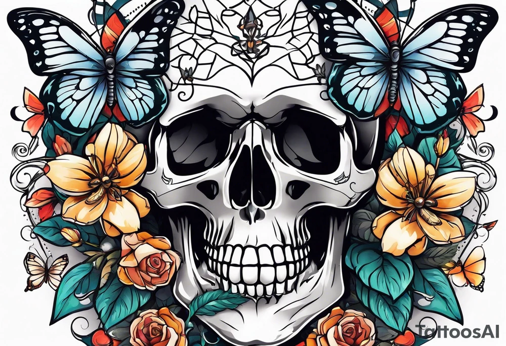 Skull tattoo with a large scorpion, butterflies, and flowers tattoo idea