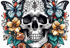 Skull tattoo with a large scorpion, butterflies, and flowers tattoo idea