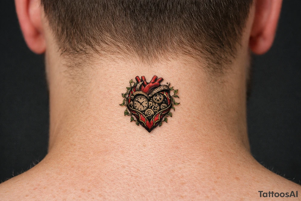 Surreal anatomical heart with exposed clockwork gears, vines entwining the chest. tattoo idea