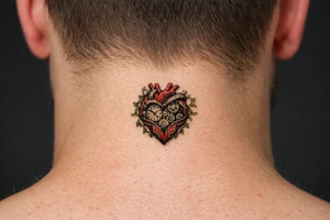 Surreal anatomical heart with exposed clockwork gears, vines entwining the chest. tattoo idea