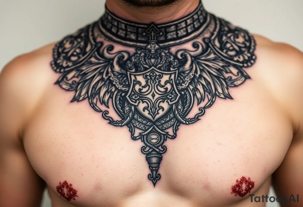 A close-up of an ornate Templar knight’s breastplate, with detailed engravings of dragons tattoo idea