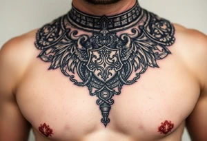 A close-up of an ornate Templar knight’s breastplate, with detailed engravings of dragons tattoo idea