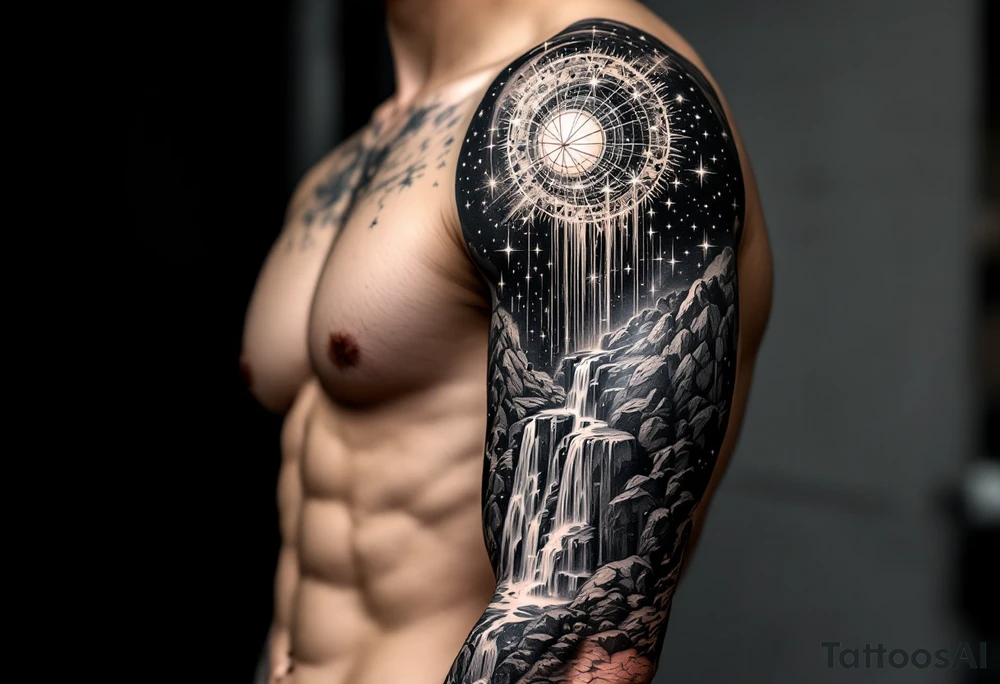 A solar system of stars that turn into a waterfall and rain tattoo idea