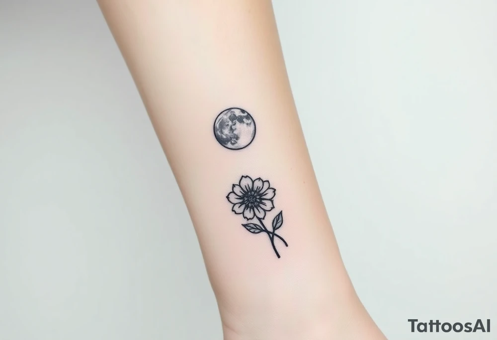 Small black ink minimalist tattoo with full moon, small chrysanthemum and tiny scorpio gliph tattoo idea