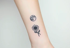 Small black ink minimalist tattoo with full moon, small chrysanthemum and tiny scorpio gliph tattoo idea