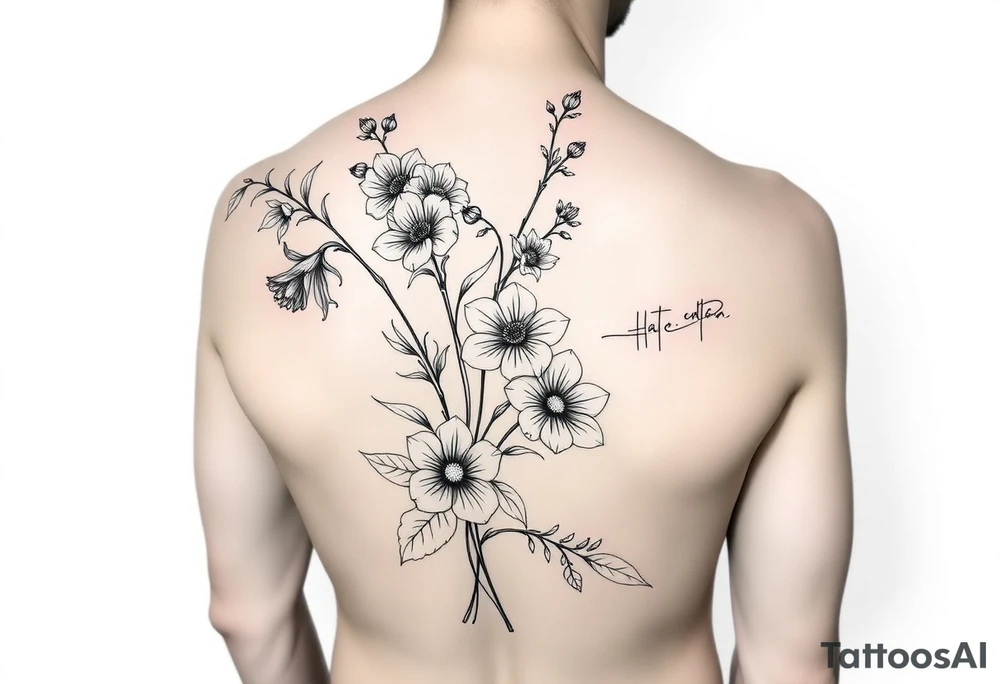 Full sleeve tattoo design of larkspur and hawthorn flowers, highly detailed line art, black ink, elegant botanical style, intertwined composition, no shading, no human mock-up, clean stencil style suitable for tattooing, fit fully within boundaries. LINE ART ONLY tattoo idea