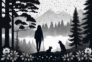 Wald silhouette mit geometric der blume des lebens im Hintergrund tattoo idea