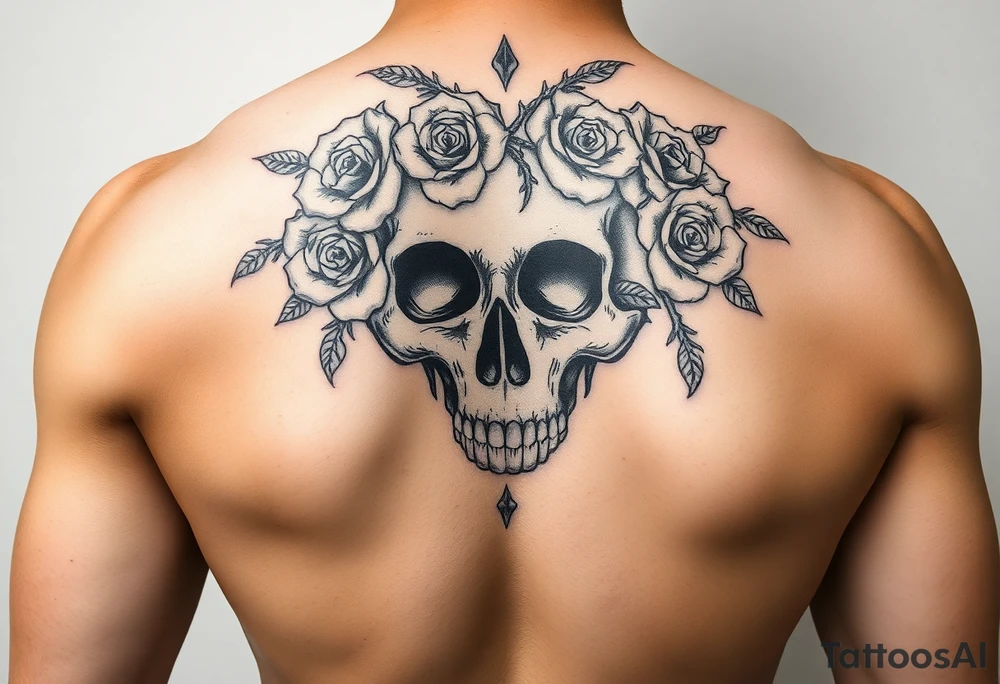 ornate skull adorned with crown of wild roses and thorns tattoo idea