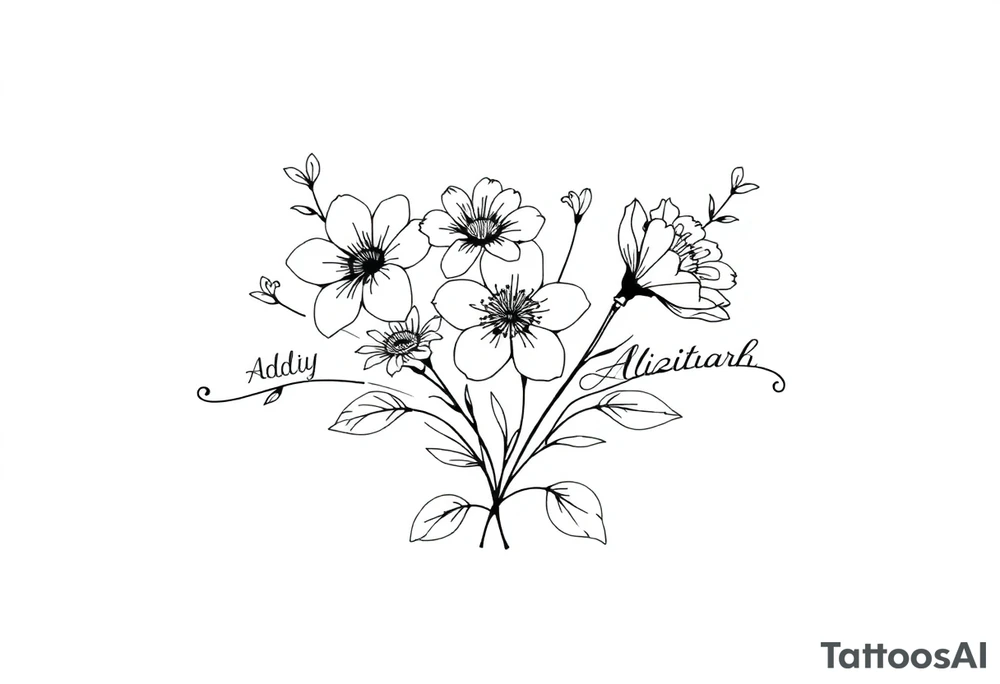 mother of 3 girls flowers names in stem Addy, Alizah, Aaliyah tattoo idea