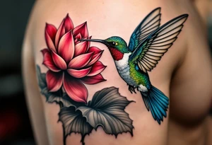 hummingbird drinking from lotus flower (Red and black colors only) tattoo idea