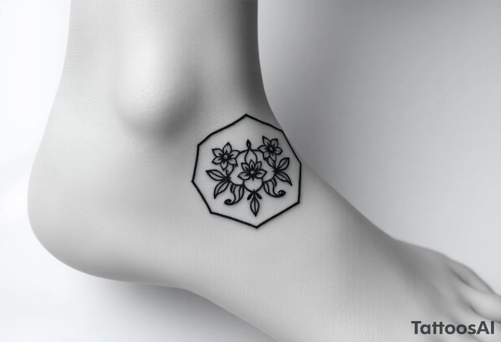 Hexagon with astrological sign for Leo, larkspur and water lilies in the center tattoo idea