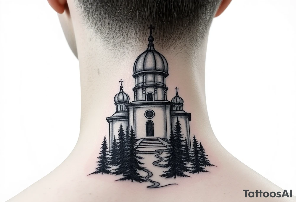medium sized russian orthodox dome church with a separated virgin mary with a lake and pine trees tattoo idea