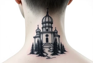 medium sized russian orthodox dome church with a separated virgin mary with a lake and pine trees tattoo idea