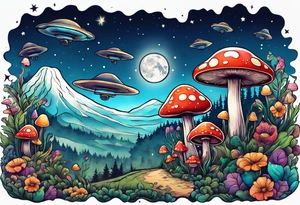 ufo in sky, mushrooms, moon, plants tattoo idea
