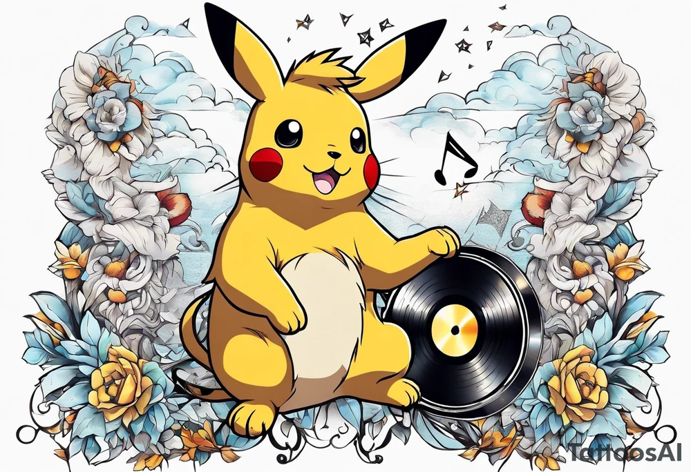 pickachu sitting with a lion listening to music with music notes and thunder bolts tattoo idea