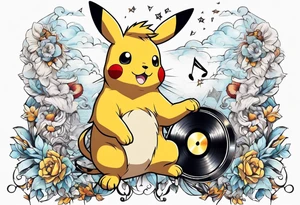 pickachu sitting with a lion listening to music with music notes and thunder bolts tattoo idea