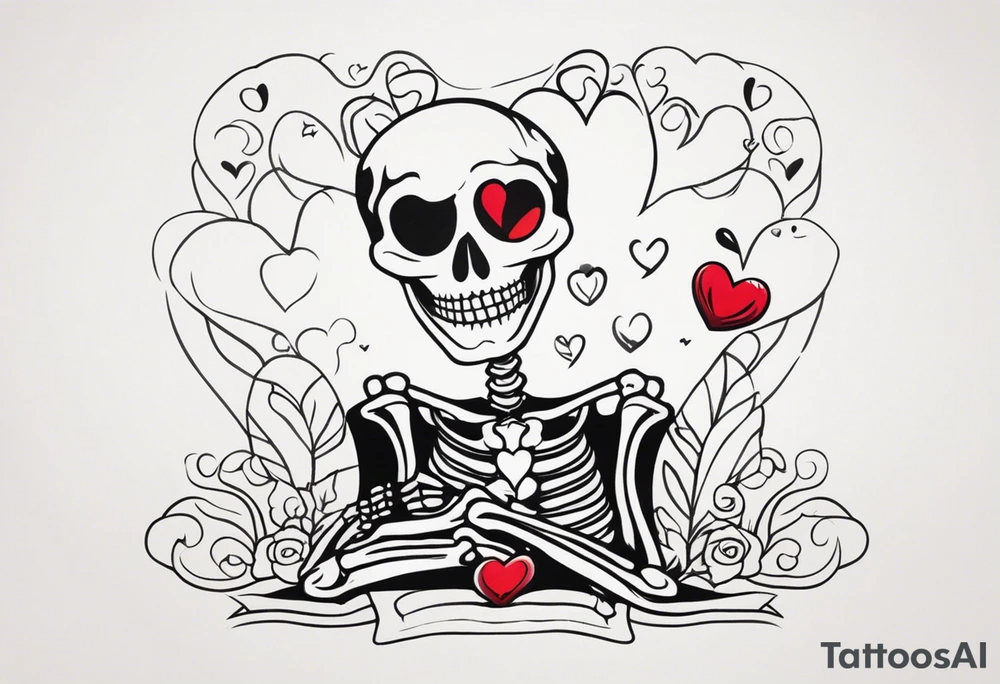 One skeleton with eyes in the shape of hearts, one skeleton sitting tattoo idea