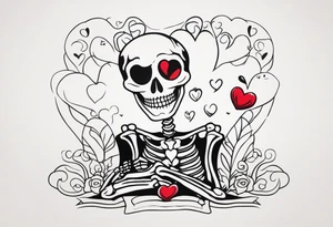 One skeleton with eyes in the shape of hearts, one skeleton sitting tattoo idea