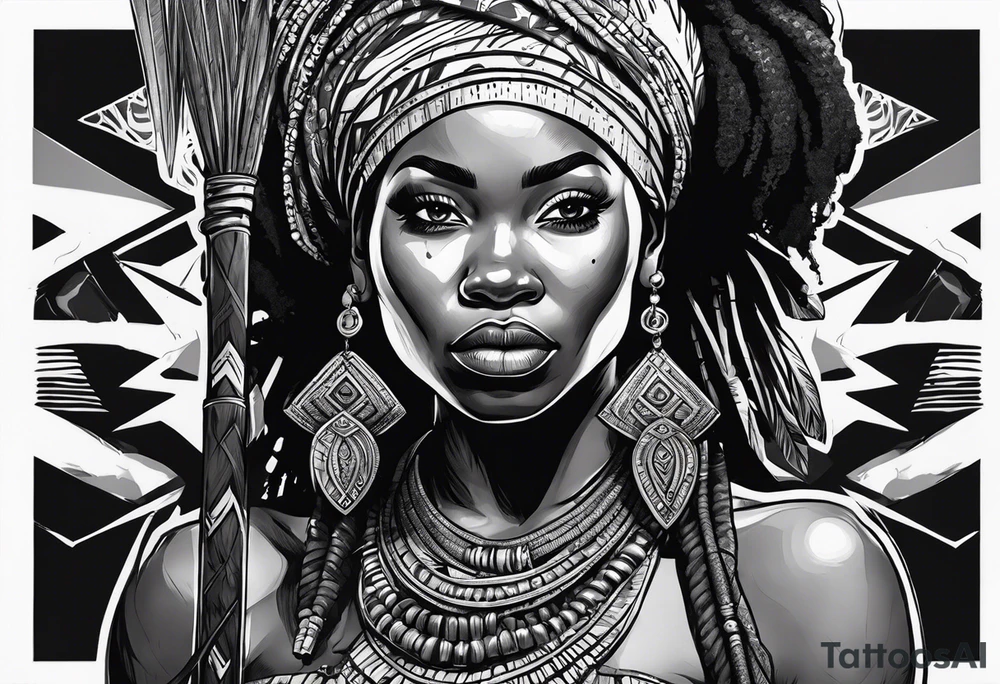 African woman warrior holding spear with deadlocks and earrings. With African setting in the background tattoo idea