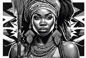 African woman warrior holding spear with deadlocks and earrings. With African setting in the background tattoo idea