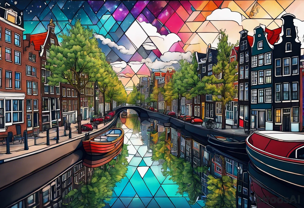 Tattoo of  animals and pineapples in Amsterdam buildings and canal featuring glass and colours of galaxy and universe colours tattoo idea