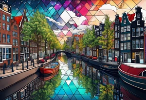 Tattoo of  animals and pineapples in Amsterdam buildings and canal featuring glass and colours of galaxy and universe colours tattoo idea