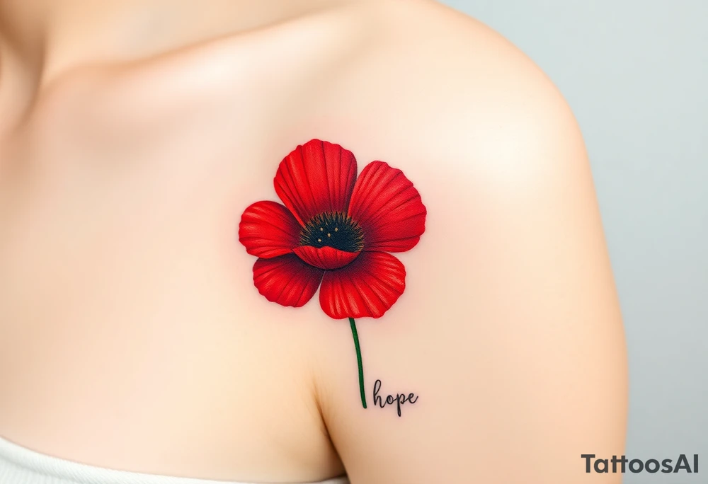 "Hope" forming the stem of a vibrant red poppy, its petals symbolizing resilience and remembrance tattoo idea