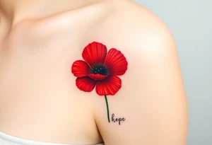 "Hope" forming the stem of a vibrant red poppy, its petals symbolizing resilience and remembrance tattoo idea
